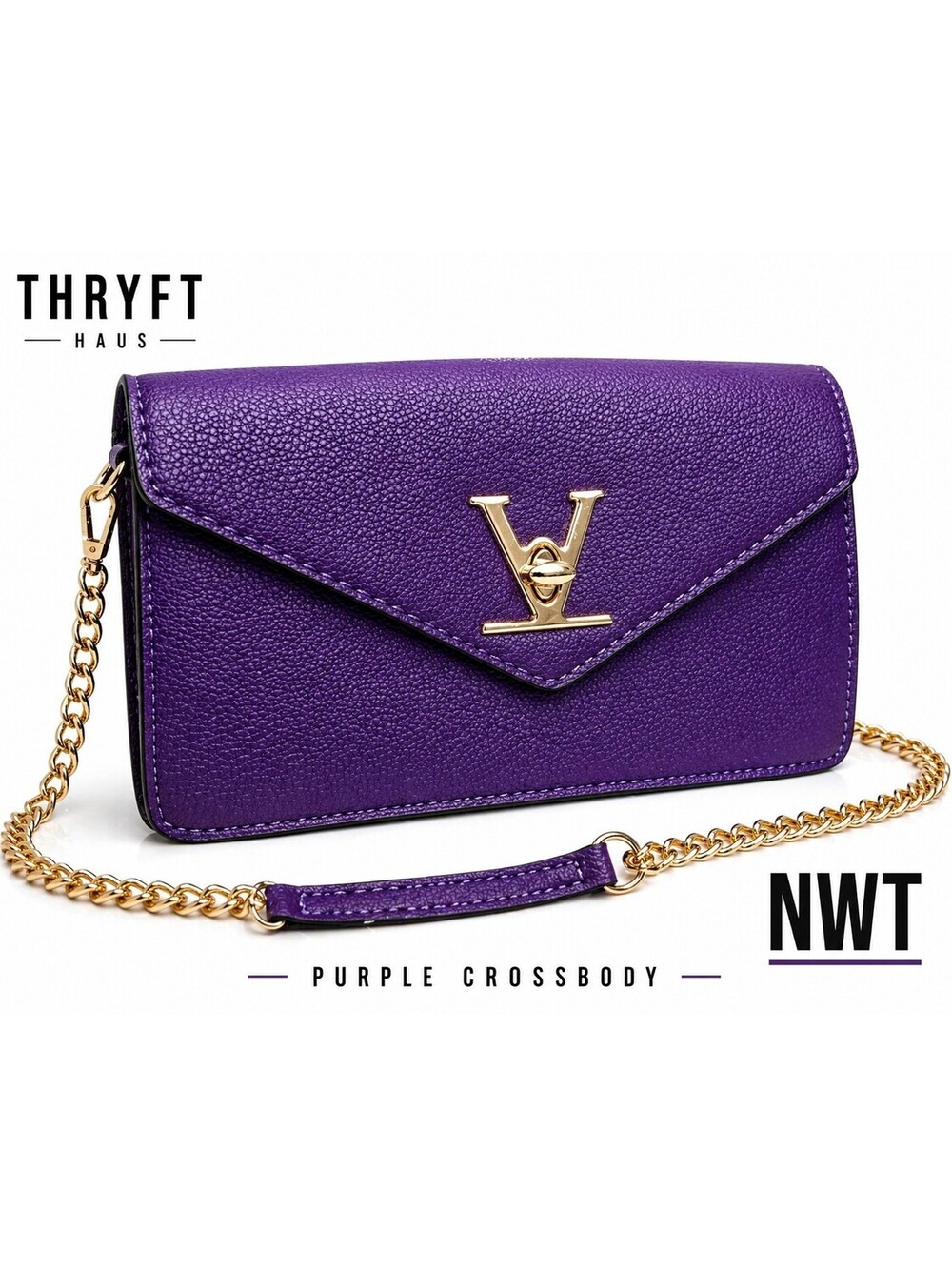 Purple Vegan Leather Crossbody Bag Gold Chain Strap Envelope Clutch NWT